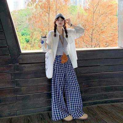 宅女赵露思同款格子裤女2026新款夏季慵懒风遛弯裤宽松阔腿休闲裤