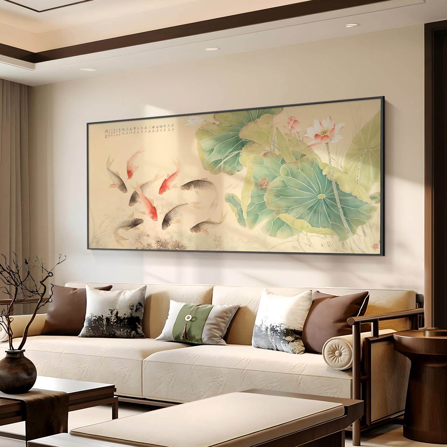 荷花九鱼图客厅装饰画新中式沙发背景墙挂画饭厅寓意好的壁画招财