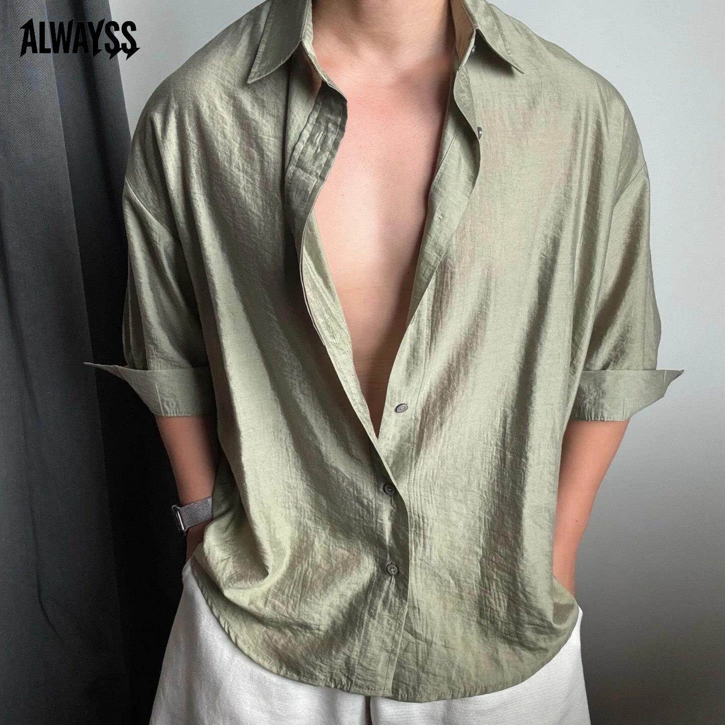 莱赛尔冰丝防晒衬衫男夏季薄款高级感痞帅短袖男休闲六七分袖衬衣