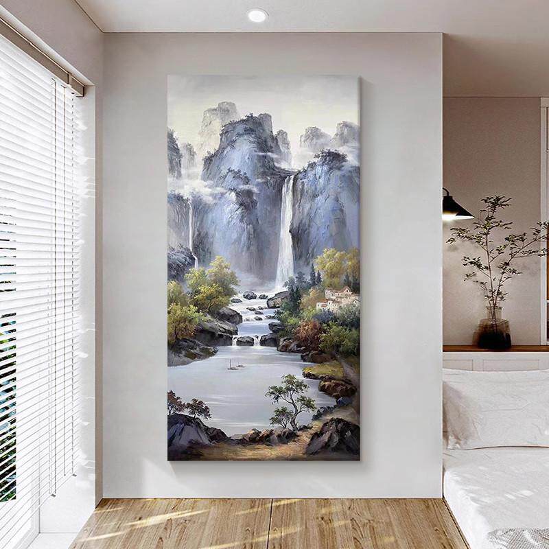 聚宝盆油画装饰画挂画玄关高山流水生财手绘风景中式大气山水客厅