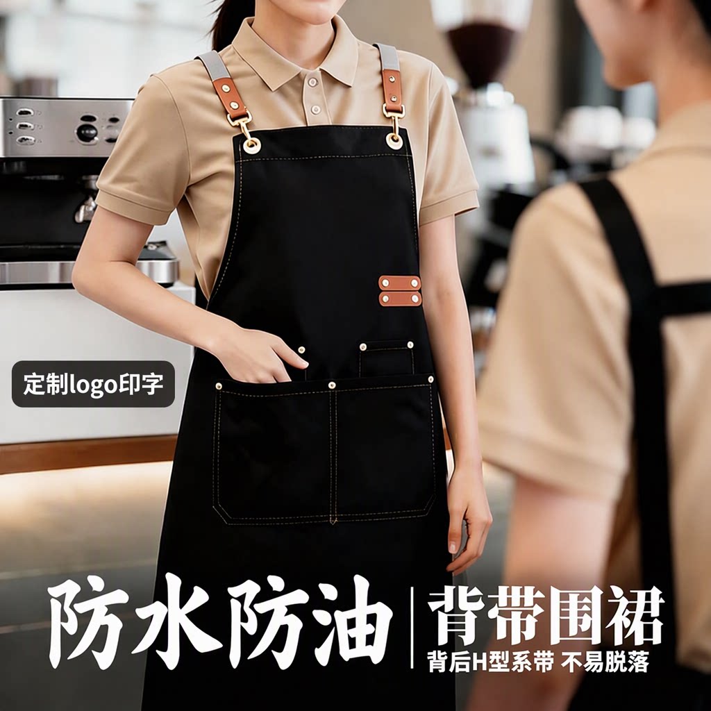 围裙防水防油耐磨防污长款围腰餐饮厨房服务员工作服定制logo印字