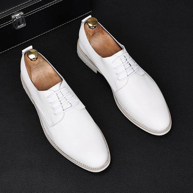 皮鞋男新郎婚鞋韩版正装真皮休闲西服尖头白色软皮软底内增高男鞋