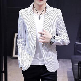 竖条纹白色西服外套男士春季韩版个性修身单西英伦帅气休闲小西装