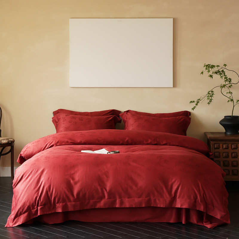 支全提花红色简约结婚被套床上用品中式棉100婚庆四新磨毛件套