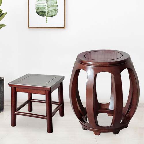 胡桃色家具中式简约实木凳客厅茶几矮凳北美色圆凳小靠背椅鼓凳