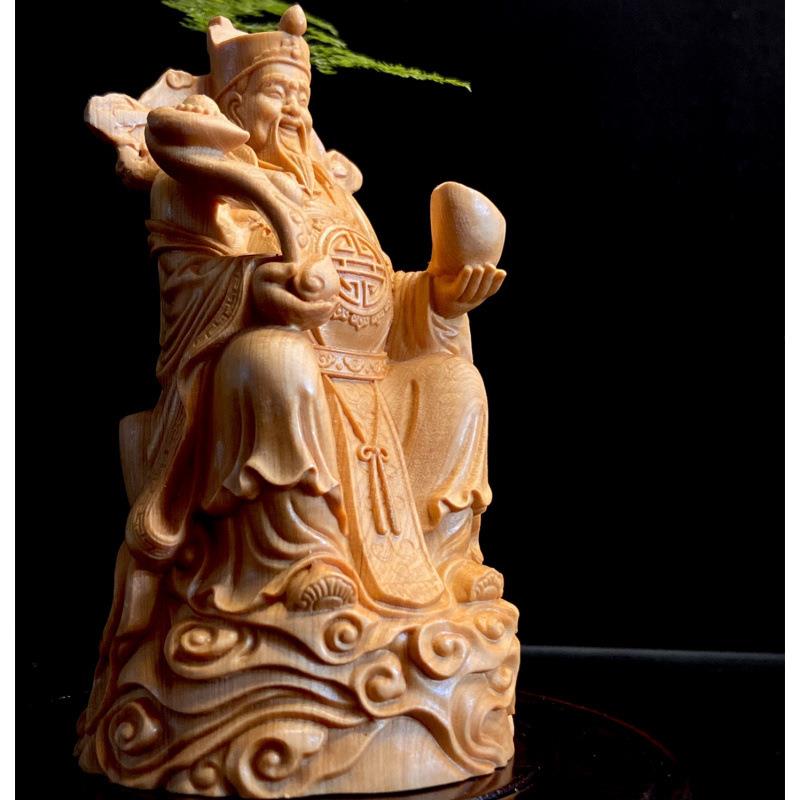 厂家直供崖柏木雕刻坐财神摆件木雕元宝如意财神爷神像家居摆饰