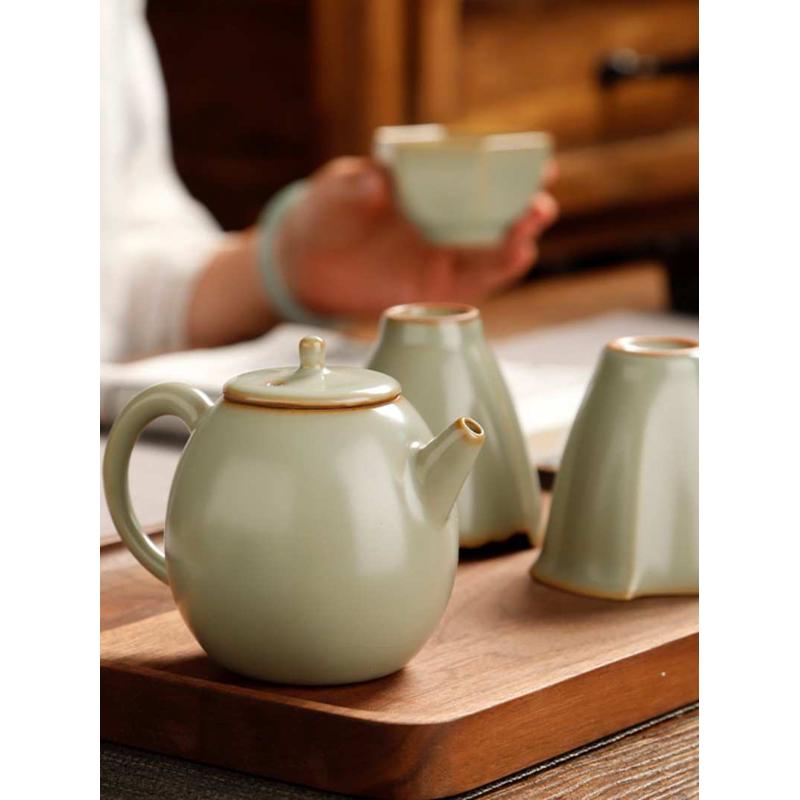 Q683豆青汝窑茶杯功夫敬茶碗 陶瓷主人杯三才盖碗 泡茶品茗杯茶具