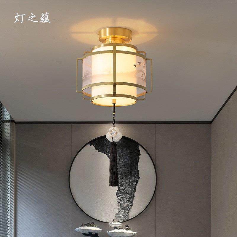 新中式全铜餐厅灯笼吊灯布艺复式楼梯间旋转长吊灯铜灯中国风禅意