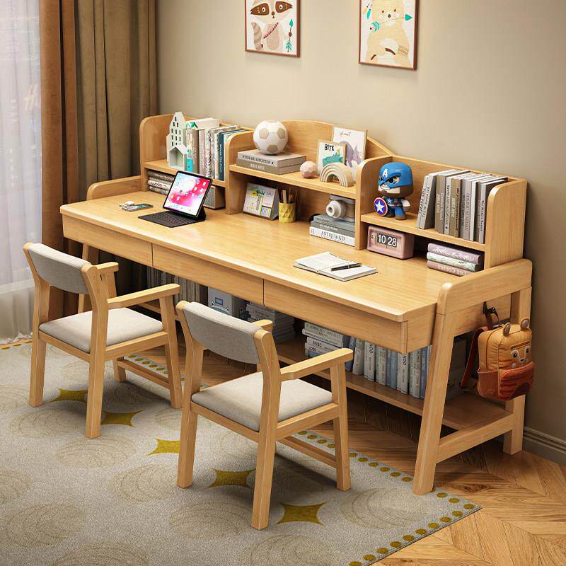 实木书桌书架一体儿童学习桌简约双人学生书桌家用可升降课桌椅