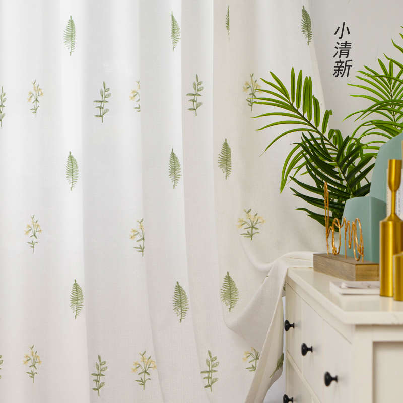绿色森系防蚊帘田园简约飘窗窗帘阳台落地窗纱透光不透人白纱纱帘