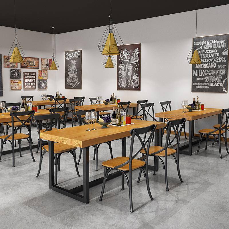 工业风复古酒吧烧烤店音乐餐厅实木餐桌长方形铁艺咖啡厅桌椅组合