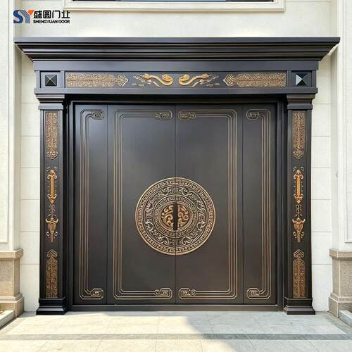 盛圆精雕铸铝门别墅大门进户门双门入户门自建房大门定制中式门