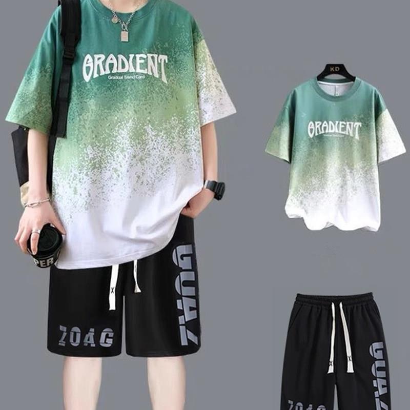 GIOIO棉凉感短袖t恤男夏季渐层五分半袖宽松上衣服青少年T恤套装