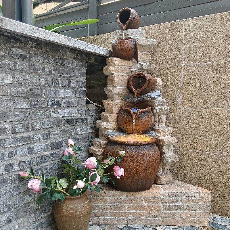 新中式庭院流水陶罐摆件 落地式水景造景喷泉 116cm高树脂材质庭