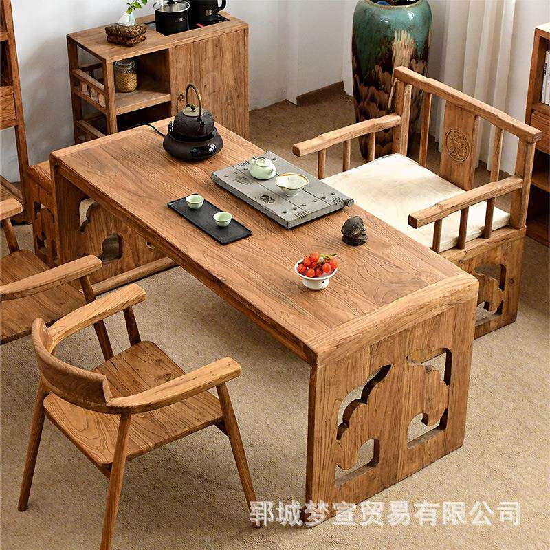 老榆木茶餐椅组榆木桌合中式风化门桌板复古宿案茶台实木具茶家桌