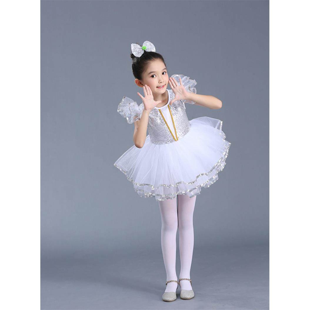 高档六一儿节女童孩演服装纱白色公主裙亮片蓬蓬裙现代舞蹈演表出