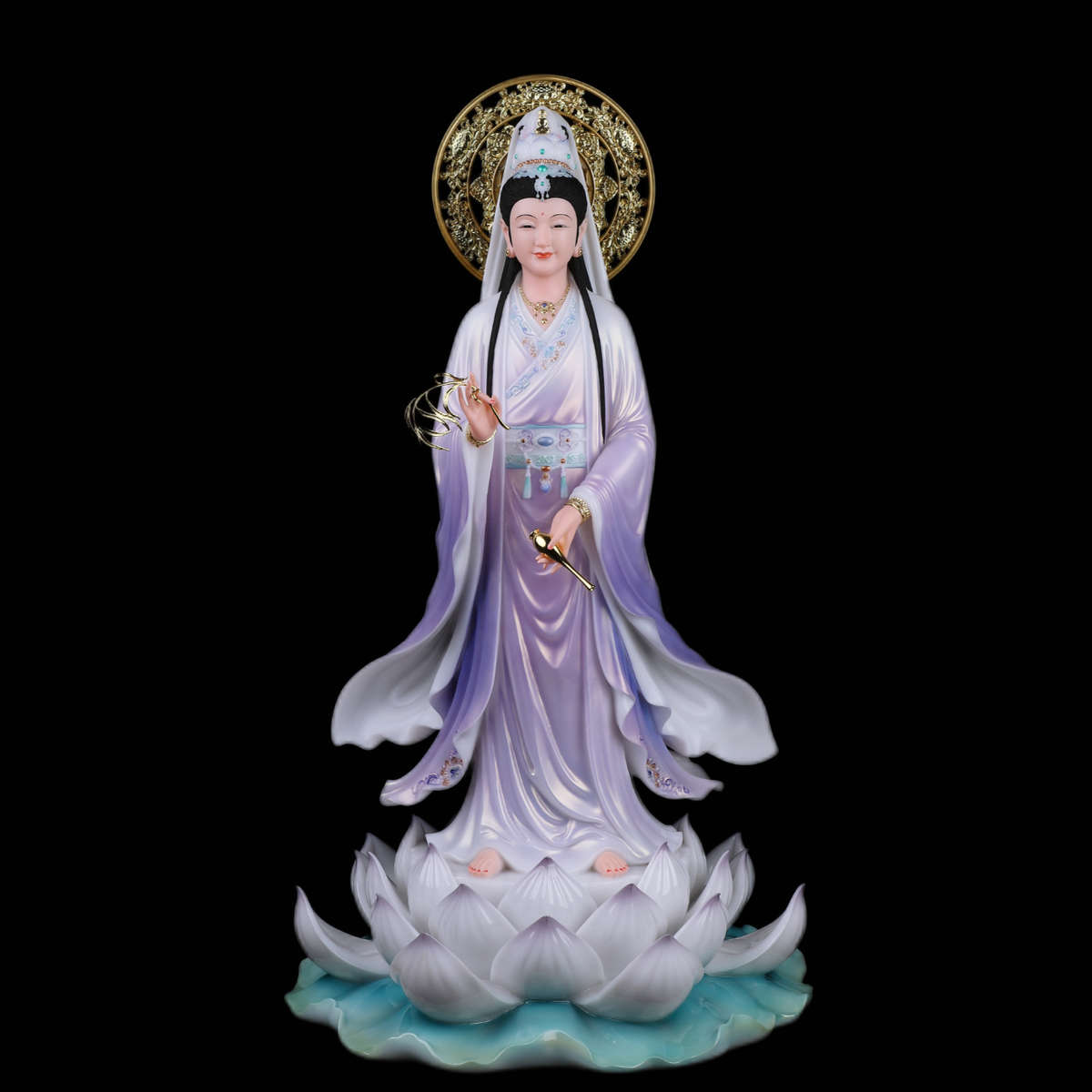 汉白玉站像 观音祥龙观世音吉祥如意祝福神像摆件神龙重体彩绘