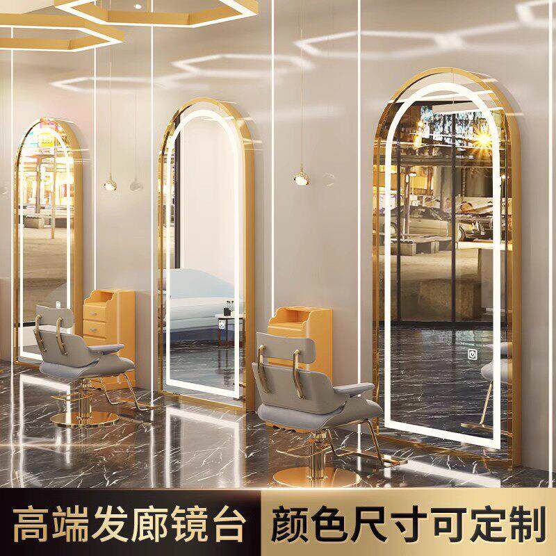 理髲店网红镜子挂墙美发镜台单面带灯壁挂式发廊LED镜专用镜台
