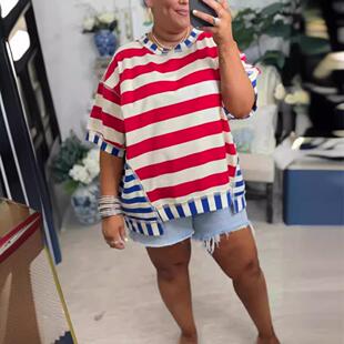 Women's plus size striped color blocked T-shirt