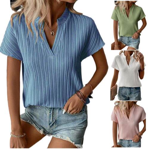 Women'S Waffle Knit Tops Dressy Casual V Neck Short Sleeve