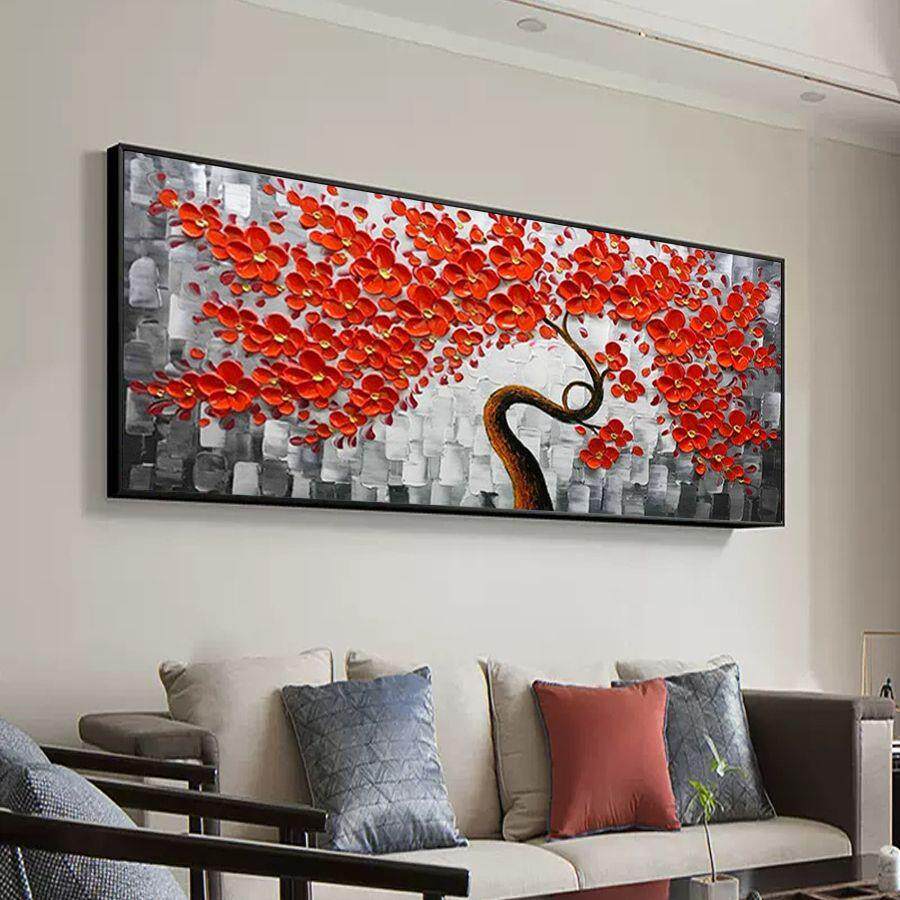 客厅纯手绘风景简约体肌高档立现代01头餐厅油画装饰挂画发财床树