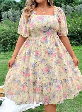 Women's Plus Size Casual Floral Dress Shirred Design