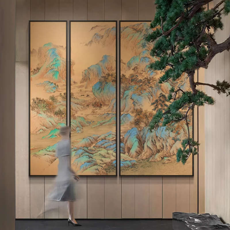 新中式玄关装饰画《青绿江山》风景高端走廊过道大幅多联立体挂画图片
