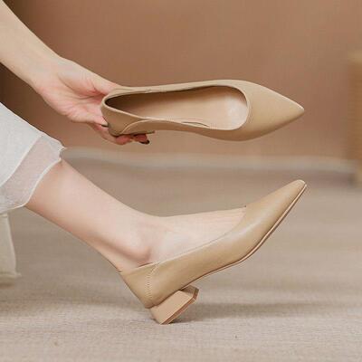 店主自留新款~真皮粗跟单鞋女春秋季软皮法式工作浅口高跟鞋瓢鞋