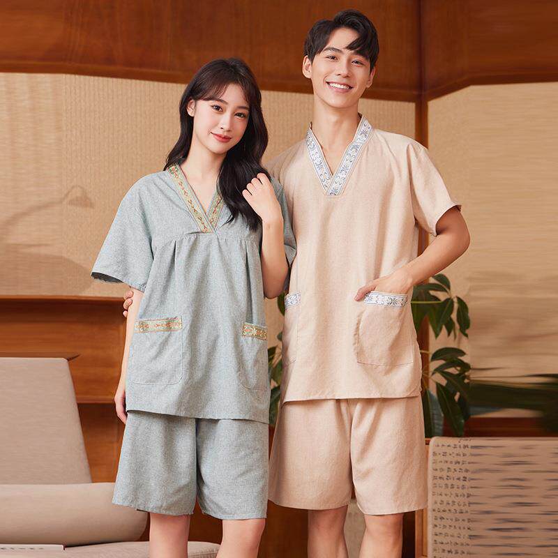 女胸部双层棉麻汗蒸服男大码情侣套装洗浴中心浴服桑拿服大码宽松