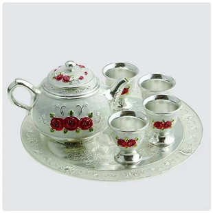 托盘工艺品装属茶具商务礼品茶杯渡银器摆件件套6茶壶合金