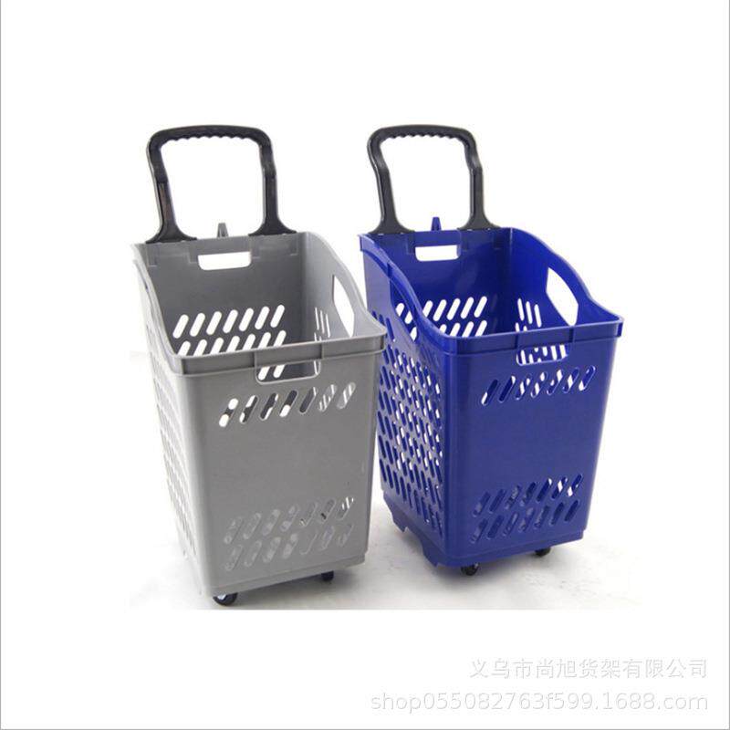 商便利店四轮塑料拉杆465篮超市号购物篮大高背场杆带轮塑拉料篮