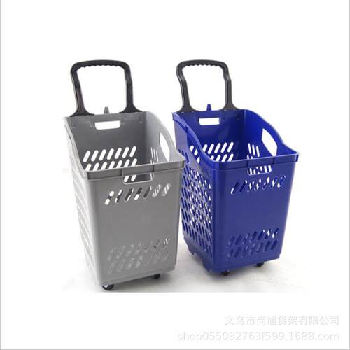 商场便拉利店四轮塑料651杆篮超市大号轮购物篮料高背拉杆带塑篮