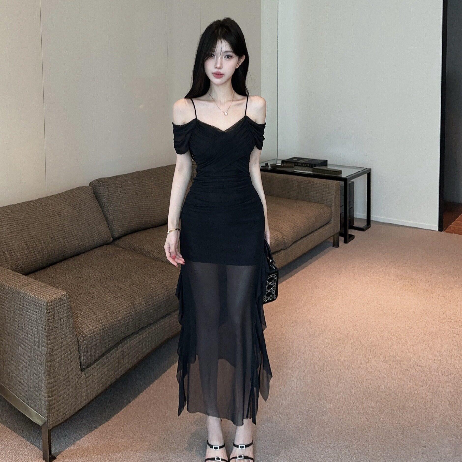 夜总会技师工作服柔式SPA按摩工衣性感网纱露肩吊带包臀连衣裙女