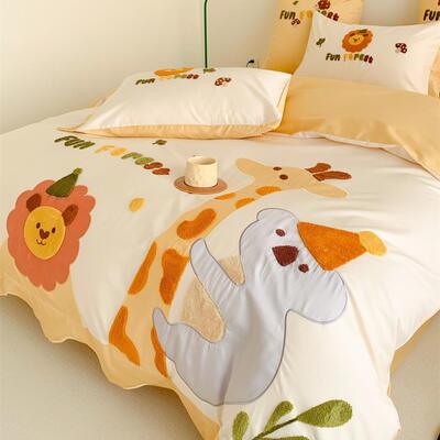 卡风长绒棉四件套通可爱款动物贴布刺绣儿童全被FRY套棉床品