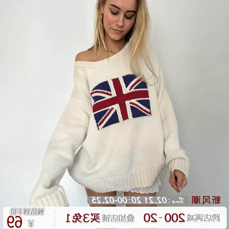 【美式辣妹】英伦风米字旗宽松大毛衣 轻薄斜肩休闲上衣