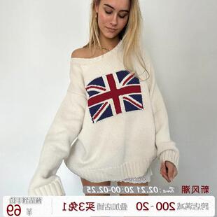 【美式辣妹】英伦风米字旗宽松大毛衣 轻薄斜肩休闲上衣