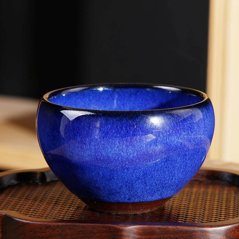 古盛窑纯手工建盏回蓝束口斗笠盏茶具茶碗油滴天目盏瓷器铁胎