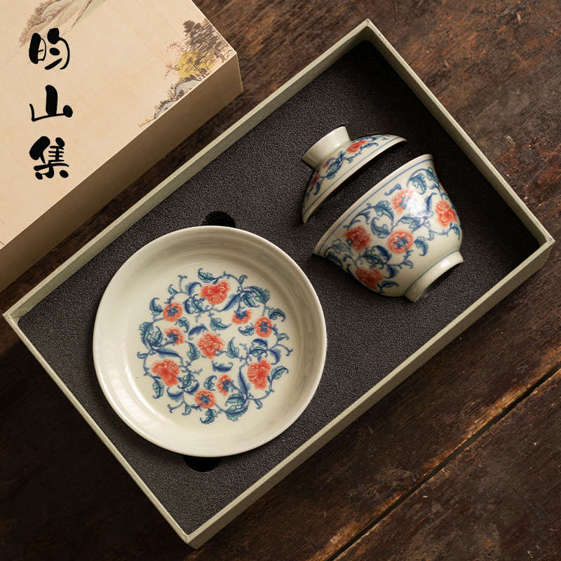 三才盖碗茶杯单个高档手绘青花家用功夫泡茶茶具陶瓷敬茶碗礼盒装