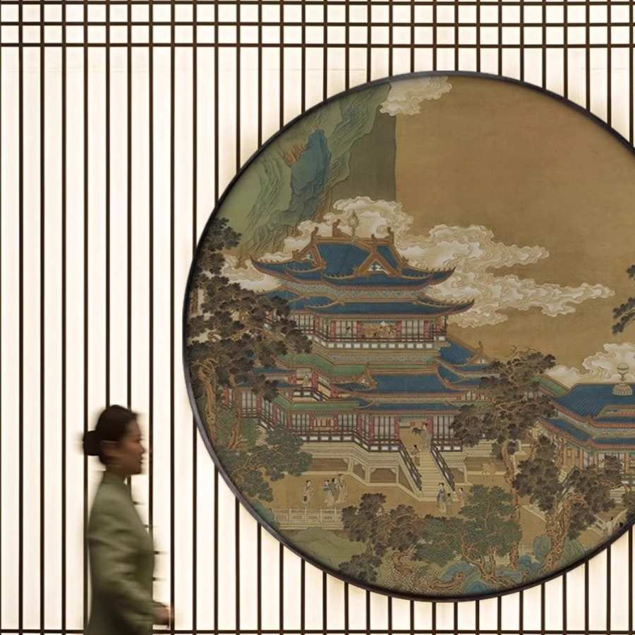 新中式圆形玄关装饰画中国风古建筑楼阁壁画客厅茶室书房墙壁挂画图片