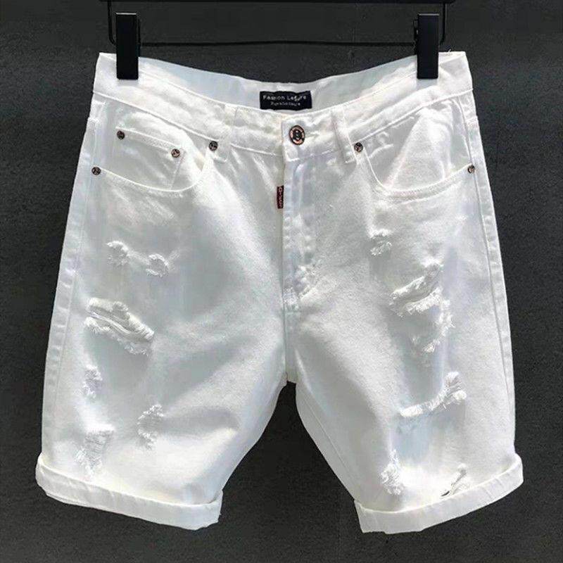 时尚品牌白色牛仔短裤男士夏季瘦香港时尚大尺寸破洞五点水洗休闲