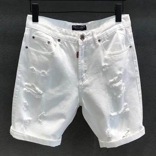 时尚品牌白色牛仔短裤男士夏季瘦香港时尚大尺寸破洞五点水洗休闲