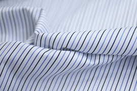 意大利进口薄款27姆米蓝紫黑白竖条纹色织高支，细腻斜纹真丝棉布料