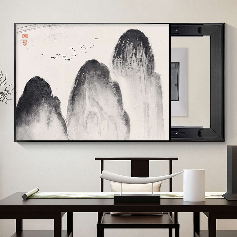 水墨新盒子电表箱电闸打孔中式山水画配电箱开关遮挡装饰画免gz6m