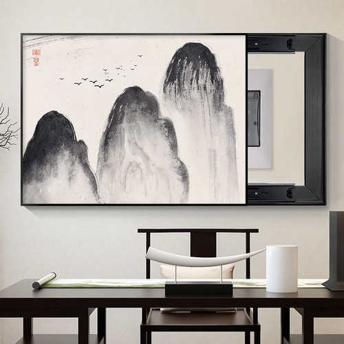 水墨新盒子电表箱电闸打孔中式山水画配电箱开关遮挡装饰画免gz6m
