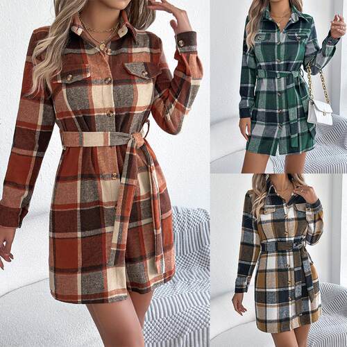 Checkered fake pocket long sleeved lace up woolen shirt