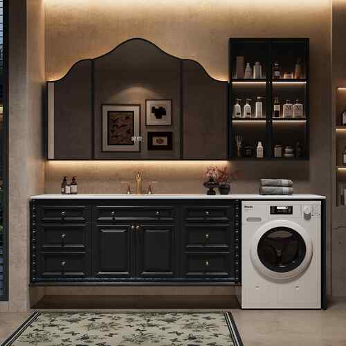 橡木法式覆古阳台洗衣机一体浴室柜组合卫生间岩板洗漱台洗手脸盆