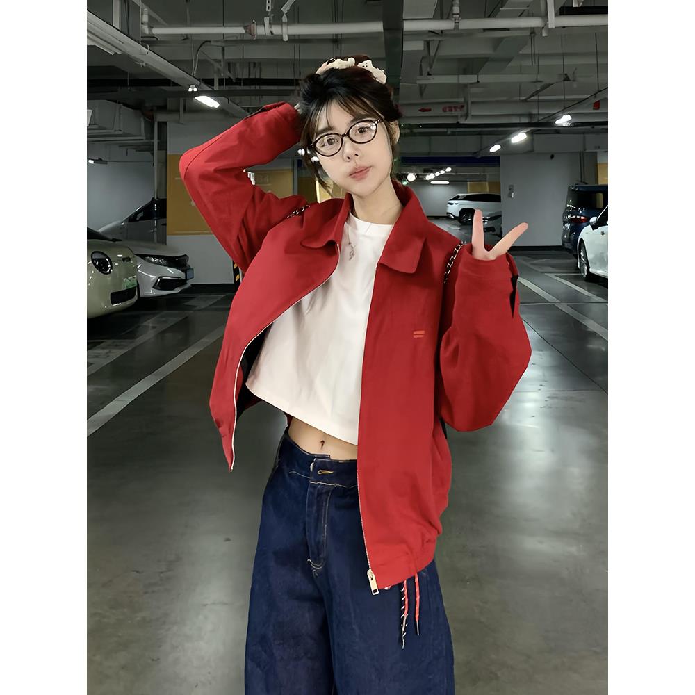 红色哈灵顿外套女春秋2025新款美式复古基础通勤男女款百搭夹克潮