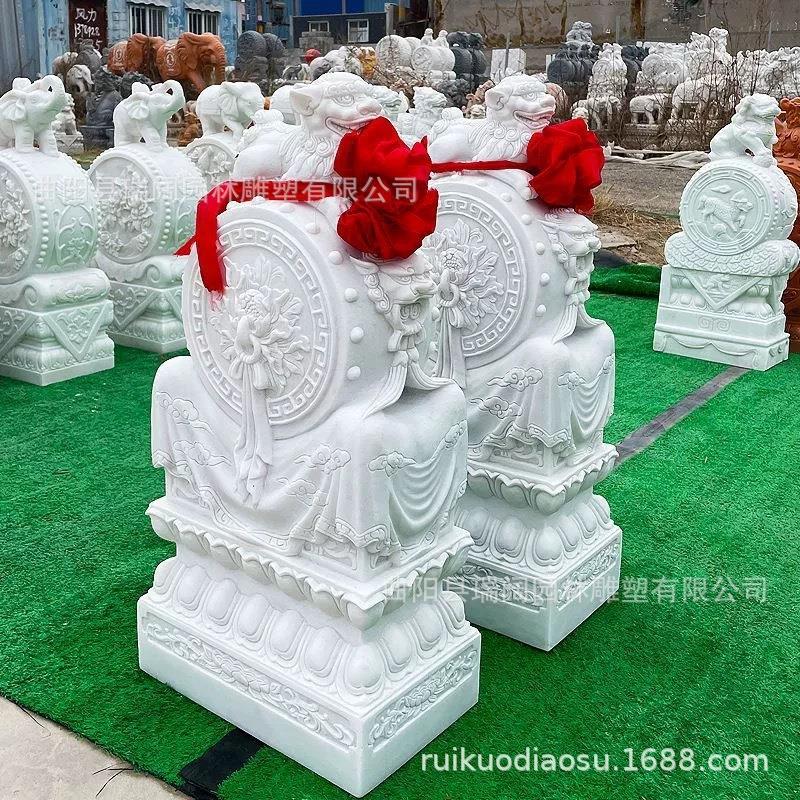 石雕汉白玉狮子门墩抱鼓石一对家用中式酒店麒麟小象别墅门口摆件