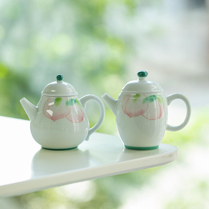 泥釉人述高白nmt茶瓷手绘蜜茶壶下桃彩寿桃梨形壶小直壶家用泡茶