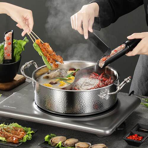 精品不锈钢鸳鸯火锅手工意式锤印锅三层钢电磁炉商用汤锅